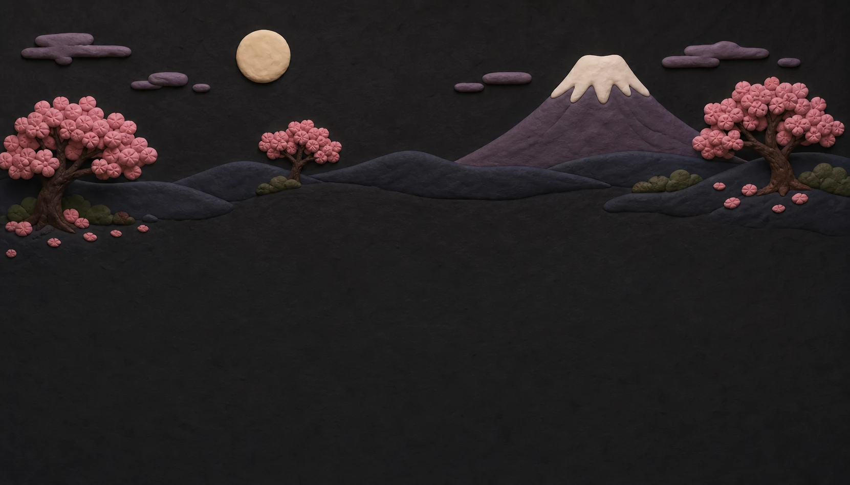 Claymation scene of Mount Fuji, cherry blossom trees and a full moon